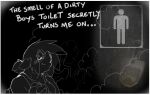 anthro bathroom blush bodily_fluids border breasts domestic_pig ellipsis english_text eyes_closed fat-coast female female_anthro floppy_ears folded_ears genital_fluids hair mammal monochrome public_restroom real restroom_sign smile snout solo suid suine sus_(pig) tail tail_tuft text tuft urinal urine watersports white_border