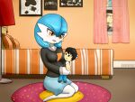  2019 3_fingers baterco baterco_(baterco) bedroom black_eyes black_hair blue_hair blush blush_lines carpet detailed_background duo female fingers gardevoir hair hi_res holding_object holding_plushie humanoid kneeling lamp looking_at_another lucinda_(baterco) male nintendo not_furry orange_eyes peeping picture_frame plushie plushification pok&eacute;mon pok&eacute;mon_(species) shiny_pok&eacute;mon signature video_games 