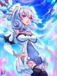  1girl alina_l blue_eyes braid breasts crown_braid curly_hair dress head_wings highres juliet_sleeves long_hair long_sleeves looking_at_viewer medium_breasts melia_antiqua o-ring puffy_sleeves short_dress simple_background smile solo staff thighhighs upper_body xenoblade_chronicles:_future_connected xenoblade_chronicles_(series) xenoblade_chronicles_1 