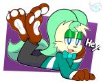 2025 absurd_res anthro black_bottomwear black_clothing black_pants bottomwear bow_tie brown_feet brown_hands cascade_(mintytempest) clothing eeveelution feet fur generation_4_pokemon green_ears green_eyelids green_tail half-closed_eyes hi_res leafeon lying male mintytempest narrowed_eyes nintendo on_front open_mouth pants pawpads pokemon pokemon_(species) simple_background solo tail teal_clothing teal_topwear text topwear white_pawpads yellow_body yellow_fur