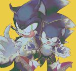  2022 5_fingers anthro black_nose blue_body blue_fur classic_sonic classic_sonic_(universe) claws clothing duo eulipotyphlan fangs fingers fluffy footwear fur green_eyes hedgehog hi_res licking_teeth looking_at_viewer male mammal sa2emblem sega shoes simple_background sonic_the_hedgehog sonic_the_hedgehog_(series) sonic_the_werehog sonic_unleashed teeth tongue tongue_out were wereeulipotyphlan werehog yellow_background 