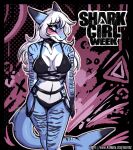 abstract_background anthro aquatic artist_name bikini black_bikini black_body black_clothing black_swimwear blue_body blush blush_lines breasts clothed clothed_anthro clothed_female clothing colored discovery_channel english_text female fin fingers fish front_view frown hair hi_res humanoid_hands long_hair long_tail looking_aside markings medium_breasts non-mammal_breasts o-ring portrait pose shaded shark shark_week shy silvetz solo standing striped_markings stripes swimwear tail tail_fin text three-quarter_portrait two-piece_swimsuit url watermark white_body white_hair yellow_eyes