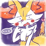 1:1 2025 ambiguous_anthro ambiguous_gender annyui0611 anthro biped blush blush_stickers border braixen bust_portrait canid disgust ellipsis food front_view generation_6_pokemon hand_to_mouth hi_res mammal nintendo object_in_tail pokemon pokemon_(species) portrait shrimp_(food) simple_background solo speech_bubble tail wavy_mouth white_border