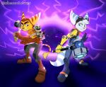 absurd_res anthro aviator_cap big_ears blue_bodysuit blue_clothing blue_eyes blue_skinsuit blue_stripes bodysuit boots bottomwear brown_clothing brown_gloves brown_handwear brown_nose brown_stripes clank_(ratchet_and_clank) clothing cybernetic_arm cybernetic_limb ear_piercing ear_ring electricity energy eyelashes eyewear eyewear_on_head female fluffy fluffy_tail footwear fur giant_hammer gloves goggles goggles_on_head green_bottomwear green_clothing green_eyes green_pants grey_boots grey_clothing grey_footwear group handwear head_tuft hi_res leather leather_boots leather_clothing leather_footwear leather_gloves leather_handwear living_machine lombax machine male mammal markings orange_body orange_bodysuit orange_clothing orange_scarf orange_skinsuit pants piercing pink_nose portal pose prosthetic prosthetic_arm prosthetic_limb ratchet_(ratchet_and_clank) ratchet_and_clank ring_piercing rivet_(ratchet_and_clank) robot robotic_arm scarf shoes skinsuit smile sony_corporation sony_interactive_entertainment striped_ears striped_markings striped_tail stripes tail tail_markings tail_tuft tight_clothing tools toothy_grin trio tuft username wherearethebots white_body white_fur wrench