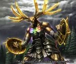 2009 anthro antlers armor bared_teeth biped black_nose blade_horn blunt_teeth brown_body brown_fur claws clothed clothed_anthro clothed_male clothing cloud deer detailed detailed_background duel_masters empty_eyes finger_claws forest fully_clothed fully_clothed_anthro fully_clothed_male fur holding_object holding_shield horn humanoid_hands male mammal muscular muscular_anthro muscular_male nakagawa_(pixiv) plant realistic shaded shield sky soft_shading solo standing teeth three-quarter_view tree yellow_eyes