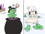 accessory amphibian annoyed bathing body_swap book cauldron censored clothing disgust disgusted_face enjoying eyes_closed female feral frog hair hair_accessory hairclip happy hat headgear headwear hi_res human lylany2 lylanyone mammal narrowed_eyes nude pink_liquid purple_book red_eyes shelf simple_background sitting smile wand water white_background white_hair witch_hat