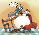 2026 3_toes 4_fingers anthro artfulreggie belly big_belly biped black_nose blue_clothing blue_shirt blue_topwear bottomless bottomless_anthro bottomless_male bowl brown_body brown_ears brown_fur canid canine canis chair cheek_bulge claws clothed clothed_anthro clothed_male clothing container countershade_face countershade_feet countershade_fur countershade_neck countershade_torso countershading cutlery dessert digital_drawing_(artwork) digital_media_(artwork) dipstick_ears dipstick_tail duo ear_markings ear_piercing ear_ring ear_stud eating eating_food english_text eyebrows fangs featureless_crotch feeding feet finger_claws fingers food fox fur furniture gloves_(marking) hi_res holding_bowl holding_container holding_food holding_object holding_plate holding_spoon holding_tool holding_utensil huge_belly humanoid_hands kitchen_utensils kneeling leg_markings looking_down looking_down_at_another male male_anthro mammal markings monotone_tail morbidly_obese morbidly_obese_anthro morbidly_obese_male multicolored_body multicolored_ears multicolored_fur narrowed_eyes obese obese_anthro obese_male on_chair on_table open_mouth open_smile overweight overweight_anthro overweight_male pawpads piercing pink_pawpads pink_tongue plantigrade plate red_body red_fox red_fur ring_piercing rolled_up_sleeves shaded shirt shirt_only signature sitting sitting_on_chair smile socks_(marking) speech_bubble spoon spoon_in_mouth table tail tail_markings talking_to_another teaselbone teaselbone_(character) teeth text thick_eyebrows toe_claws toes tongue tools toony topwear topwear_only true_fox weight_gain white_body white_claws white_countershading white_eyebrows white_finger_claws white_fur white_inner_ear white_toe_claws wolf