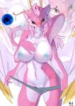  4_arms anthro areola blush bodily_fluids breasts dragon female fur genitals hair hi_res horn looking_at_viewer multi_arm multi_limb nipples nude paradoxoswald pussy smile solo tongue wings 