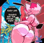 2026 anthro artist_logo artist_name beverage beverage_can big_breasts big_butt black_ears black_speech_bubble black_tail blue_sky breasts butt can character_name cloud container countershade_butt countershading day digital_media_(artwork) ditchu ditchu_(ditchu) ellipsis english_text female female_anthro fur hair hi_res holding_beverage holding_can holding_container holding_object lagomorph leporid logo looking_at_viewer looking_back looking_back_at_viewer mammal narrowed_eyes outline outside palm_tree pink_body pink_fur pink_hair pixel_(artwork) plant purple_eyes purple_mouth rabbit rear_view sea shaded sky slap_mark solo speech_bubble tail text thick_thighs tree water watermark white_body white_clouds white_countershading white_fur white_outline white_sclera white_text wide_hipped_anthro wide_hipped_female wide_hips