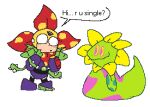 2026 alternate_version_at_source ambiguous_feral ambiguous_gender arm_cannon armor asking asking_another big_eyes biped blush blush_lines capcom cheek_blush closed_smile darkner deltarune dialogue digital_media_(artwork) duo elemental_creature ellipsis english_description eye_contact feral flora_fauna floradinn full-length_portrait green_body greeting humanoid looking_at_another machine male male_humanoid markings meatcanister mega_man_(series) monotone_background mouth_closed multicolored_body partial_speech_bubble petal_hair pixel_(artwork) plant plant_man portrait purple_armor purple_body purple_markings question robot robot_humanoid serpentine side_view simple_background smile standing talking_to_another tan_face undertale_(series) vines white_background wide_smile yellow_helmet