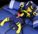 2026 3_fingers 3_toes anthro arm_tuft artist_name balls bed biped black_body black_claws black_eyebrows black_fur black_nipples black_nose black_tail blue_body blue_fur blue_hair claws collar digital_drawing_(artwork) digital_media_(artwork) erection eyebrows eyelashes fangs feet felid finger_claws fingers fur furniture genitals glans glistening glistening_eyes gold_(metal) gold_collar hair high-angle_view humanoid_genitalia humanoid_penis looking_at_viewer lying mainnm-e male male_anthro mammal metal_collar mouth_closed multicolored_body multicolored_fur multicolored_penis multicolored_tail navel nipples nude nude_anthro nude_male on_back on_bed pal_(species) palmorph palworld pawpads penis pillow pink_penis pocketpair pupils red_eyes red_glans red_penis sekhmet_(pal) slit_pupils solo tail teeth text toe_claws toes tuft two_tone_penis wrist_tuft yellow_balls yellow_body yellow_claws yellow_fur yellow_tail
