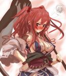  1girl blurry blurry_background blush breasts cleavage coin commentary_request detached_sleeves hey_taisyou highres holding holding_scythe large_breasts looking_at_viewer medium_breasts obi onozuka_komachi red_eyes red_hair sash scythe short_sleeves sidelocks solo squiggle touhou upper_body 