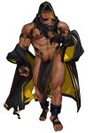  1boy abs another_eidos-r armband bara bare_pectorals beard black_coat black_hair chest_harness coat dark-skinned_male dark_skin facial_hair full_body harness highres hood hood_up large_pectorals leg_hair light_smile looking_at_viewer male_focus mustache_stubble official_art pectorals penis pubic_hair see-through short_hair sinbad_(another_eidos) solo stubble tarutoru thick_eyebrows transparent_background 
