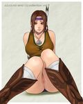  ass azasuke boots brown_eyes brown_hair censored feathers headband headdress highres jewelry julia_chang knees_together_feet_apart looking_at_viewer native_american native_american_headdress necklace no_panties pubic_hair pussy sitting solo tank_top tekken 