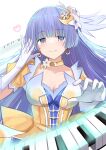  1girl blue_hair blunt_bangs breasts date_a_live dress earrings elbow_gloves gloves grey_eyes hair_ornament heart izayoi_miku jewelry large_breasts long_hair piano_keys puffy_short_sleeves puffy_sleeves schreibe_shura short_sleeves smile solo yellow_dress 