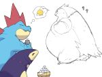 4:3 ambiguous_gender belly big_belly bodily_fluids confusion embarrassed feral feraligatr generation_2_pokemon generation_8_pokemon hi_res hisuian_form hisuian_typhlosion nintendo obese overweight overweight_feral pokemon pokemon_(species) regional_form_(pokemon) simple_background sketch sweat sweatdrop text typhlosion white_background zephy_03