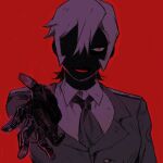  1girl black_gloves blue_eyes collared_jacket collared_shirt eyed_silhouette gloves grey_hair grey_jacket grey_necktie grey_shirt hair_between_eyes hand_up highres jacket looking_at_viewer multicolored_eyes necktie original reaching reaching_towards_viewer red_background red_eyes shirt short_hair silhouette simple_background smile solo upper_body yulei_yuuuuu 