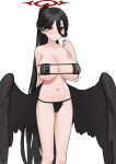 1girl absurdres alternate_costume bare_arms bare_legs bare_shoulders bikini black_bikini black_hair black_wings blue_archive blush breasts closed_mouth collarbone commentary_request expressionless eyepatch_bikini fffukuzawa halo hasumi_(blue_archive) highres large_breasts large_wings long_hair looking_at_viewer low_wings micro_bikini mole mole_under_eye navel red_eyes red_halo simple_background solo standing stomach sweatdrop swimsuit translation_request very_long_hair white_background wings 