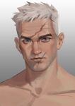  1boy artist_request bara beard_stubble expressionless facial_hair highres lips looking_at_viewer mature_male nude old old_man overwatch portrait realistic scar scar_on_face scar_on_forehead short_hair soldier:_76_(overwatch) solo sparse_chest_hair stubble thick_eyebrows white_hair wrinkled_skin 