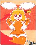 anthro blonde_hair blood bodily_fluids bodysuit carrot_(one_piece) clothing female flying fur glistening glistening_body gloves hair handwear heart_eyes heart_symbol hi_res lagomorph latex latex_clothing legwear leporid looking_at_viewer mammal nosebleed one-piece_swimsuit one_piece orange_clothing panties rabbit sanji_(one_piece) sillyniko simple_background skinsuit solo swimwear thick_thighs thigh_highs tight_clothing underwear white_body white_fur wide_hips