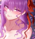  1girl bb_(fate) bb_(fate/extra) blush breasts fate/grand_order fate_(series) hair_ribbon highres large_breasts long_hair looking_at_viewer m-da_s-tarou nude purple_eyes purple_hair red_ribbon ribbon smile solo tongue tongue_out very_long_hair wet 