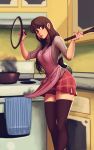  1girl absurdres apron breasts brown_eyes brown_hair carlos_eduardo character_request cooking copyright_request feet_out_of_frame from_side highres holding holding_spoon lid long_hair oven parted_lips pink_apron plaid plaid_skirt pot red_skirt skirt smoke solo spoon standing thighhighs zettai_ryouiki 