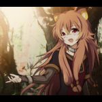  1girl animal_ear_fluff animal_ears bracelet brown_hair collar commentary hayase_jun jewelry long_hair messy_hair open_mouth outstretched_arm raccoon_ears raphtalia red_eyes short_twintails standing tate_no_yuusha_no_nariagari tree twintails 