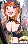  1girl arknights bagpipe_(arknights) bagpipe_(queen_no._1)_(arknights) blush breasts cleavage commentary_request cowboy_shot ert_raitsui highres horns large_breasts leaning_forward long_hair looking_to_the_side official_alternate_costume open_mouth orange_hair purple_eyes race_queen shorts sidelocks solo standing sweat teeth thigh_strap upper_teeth_only zipper 