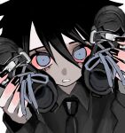  1girl black_hair black_nails black_necktie black_shirt blue_eyes collared_shirt colored_sclera dilated_pupils hair_between_eyes highres holding holding_shoes long_sleeves looking_at_viewer nail_polish necktie original parted_lips portrait red_sclera shirt shoes solo urokogaran 