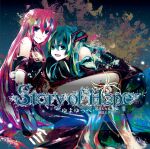  2girls :d abstract_background album_cover aqua_eyes aqua_hair bare_shoulders black_hair black_shirt black_skirt black_sleeves blue_eyes blue_hair bug closed_mouth cover detached_sleeves gold_trim hair_between_eyes hair_ornament hatsune_miku highres jewelry long_hair long_skirt long_sleeves looking_at_viewer megurine_luka meola multicolored_hair multiple_girls open_mouth paint_splatter pink_hair shirt skirt sleeveless sleeveless_shirt sleeves_past_fingers sleeves_past_wrists smile song_name spider streaked_hair twintails very_long_hair vocaloid 