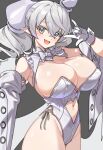  1girl breasts cleavage demon_girl demon_horns demon_wings dress duel_monster gloves grey_eyes horns large_breasts looking_at_viewer lovely_labrynth_of_the_silver_castle low_wings pointy_ears prawnlunchset smile solo twintails unfinished white_hair white_horns wings yu-gi-oh! 
