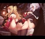  2girls absurdres anne_bonny_(fate) bent_over black_gloves black_pantyhose blonde_hair blue_eyes breasts clothes_pull collar detached_sleeves fate/grand_order fate_(series) from_side futa_with_female futanari gloves heart highres holding holding_leash indoors large_breasts leash leash_pull long_hair long_sleeves mary_read_(fate) multiple_girls navel nipples open_mouth pantyhose pantyhose_pull scar scar_on_face sex sex_from_behind skull_and_crossbones tearing_up textless_version todding white_hair 