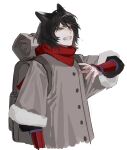  1girl animal_ears annoyed backpack bag black_hair bracer cat_ears chinese_commentary clenched_teeth coat commentary_request cropped_torso dungeon_meshi fangs from_side frown fur-trimmed_coat fur-trimmed_sleeves fur_trim grey_coat hand_up highres izutsumi lingluorz looking_ahead red_scarf scarf short_hair simple_background solo squinting teeth upper_body v-shaped_eyebrows white_background yellow_eyes 