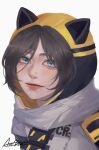  1girl animal_hood animification apex_legends arc4na black_hair blue_eyes blush cat_hood hood hood_up hooded_jacket jacket light_smile nose nose_piercing piercing portrait scarf signature solo void_prowler_wraith white_background white_jacket white_scarf wraith_(apex_legends) 