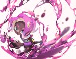  1girl arm_warmers bare_shoulders bike_shorts black_shorts blue_eyes dark-skinned_female dark_skin holding koike3582 long_hair octoling octoling_girl octoling_player_character pink_hair shoes shorts simple_background single_arm_warmer single_vertical_stripe solo splatoon_(series) suction_cups tentacle_hair tetra_dualies_(splatoon) white_background 