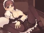  ahoge arima_senne black_legwear blush breasts brown_hair cum glasses highres kashiwamochi_yomogi large_breasts long_hair maid mole mole_on_breast original panties panties_under_pantyhose pantyhose red_eyes solo thighband_pantyhose tray underwear 