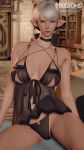 3d_(artwork) ameliance_leveilleur big_breasts black_bow black_clothing black_lingerie black_panties black_underwear breasts brown_eyes choker clothing digital_media_(artwork) elezen eyelashes female final_fantasy final_fantasy_xiv foulveins front_view grey_hair hair hi_res humanoid humanoid_pointy_ears jewelry lingerie looking_at_viewer mature_female necklace nipple_outline panties short_hair sitting solo square_enix tan_body tan_skin thick_thighs underwear wide_hips
