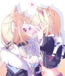 2girls animal_ear_fluff animal_ears arm_around_shoulder black_collar black_jacket blonde_hair blue_hair breasts capuchi_(111cappuccino) cellphone cleavage collar dog_ears extra_ears fur-trimmed_jacket fur_trim fuwawa_abyssgard fuwawa_abyssgard_(1st_costume) heart highres holding holding_phone hololive hololive_english implied_kiss jacket long_sleeves medium_breasts mococo_abyssgard mococo_abyssgard_(1st_costume) multicolored_hair multiple_girls navel phone pink_hair smartphone spoken_heart streaked_hair upper_body virtual_youtuber yuri 