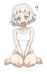  1girl ? @_@ between_legs blue_eyes breasts girls_und_panzer gogopaint grey_hair hand_between_legs heart lipstick makeup one-piece_swimsuit open_mouth simple_background sitting sophia_(girls_und_panzer) swimsuit wariza white_background white_one-piece_swimsuit 