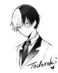  1boy bai_qi-qsr boku_no_hero_academia character_name closed_mouth coattails collared_jacket collared_shirt commentary cropped_shoulders expressionless greyscale heart heterochromia jacket looking_at_viewer male_focus monochrome multicolored_hair necktie scar scar_on_face shirt short_hair simple_background solo striped_necktie todoroki_shouto two-tone_hair white_background 