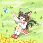  1girl :d animal_ear_fluff animal_ears arm_up blush_stickers bobby_socks bow bowtie brown_eyes brown_hair bug butterfly cat_ears cat_tail chen commentary_request dress flower full_body grass happy hat highres knees_up mary_janes mob_cap nekomata open_mouth outdoors red_dress shoes short_hair sitting smile socks solo tail touhou user_tugs8757 white_bow white_bowtie yellow_flower 