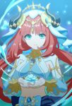  1girl aqua_eyes blue_gemstone fake_horns flower gem genshin_impact harem_outfit holding holding_flower horns jewelry long_hair lotus low_twintails nahato nilou_(genshin_impact) red_hair smile stomach twintails veil white_veil 