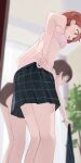  2girls black_skirt bra breasts commentary dressing highres hiroki_(yyqw7151) love_live! love_live!_nijigasaki_high_school_idol_club multiple_girls open_mouth pink_bra plaid plaid_skirt red_hair short_hair skirt small_breasts standing takasaki_yu uehara_ayumu underwear 