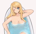  1girl artist_name bathing bathtub blonde_hair blue_eyes blur_censor breasts censored completely_nude highres long_hair medium_breasts metroid nude one_eye_closed parted_lips partially_submerged purrlucii samus_aran solo water white_background 