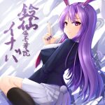  1girl animal_ears black_socks breasts character_name dutch_angle highres long_hair long_sleeves looking_back necktie pleated_skirt puffy_long_sleeves puffy_sleeves purple_hair purple_nails rabbit_ears rabbit_girl rabbit_tail red_eyes red_necktie reisen_udongein_inaba seiya_(iiseven) sitting skirt socks solo tail touhou wariza 