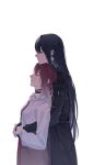  2girls black_choker black_coat black_hair choker closed_mouth coat collared_shirt earrings from_side head_on_head head_rest highres holding_hands hug hug_from_behind jewelry long_hair long_sleeves miix777 multiple_girls path_to_nowhere profile rahu_(path_to_nowhere) scar scar_across_eye shalom_(path_to_nowhere) shirt simple_background smile white_background white_shirt yuri 
