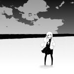  1girl absurdres beach cloud commentary_request diode_(0_division) expressionless full_body highres horizon jacket long_hair monochrome ocean open_clothes open_jacket original pantyhose school_uniform serafuku sketch skirt sky solo 
