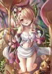  1girl :d bare_shoulders blonde_hair blurry blush breasts cleavage clothing_request collarbone commentary_request demon_girl demon_horns depth_of_field eyelashes flower foot_out_of_frame grey_hair hair_flower hair_ornament hair_over_one_eye hairclip hand_on_own_chest hands_up happy highres horns large_breasts leaf long_bangs long_hair looking_at_viewer multicolored_hair navel one_eye_covered open_mouth pink_flower red_eyes skirt smile soaking_feet solo standing suidou_chaahan thighs traptrix_pinguicula two-tone_hair very_long_hair white_skirt yu-gi-oh! 