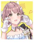  1girl asymmetrical_bangs beyond_the_bluesky_(idolmaster) blush brown_hair collarbone detached_collar fur-trimmed_gloves fur_trim gloves half-heart_hands hands_up hanetsuka highres idolmaster idolmaster_shiny_colors looking_at_viewer short_hair smile solo white_gloves wing_hair_ornament 