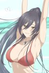  1girl armpits arms_up bare_shoulders bikini black_hair blurry blurry_background blush breasts cleavage collarbone dot_nose floating_hair hair_between_eyes high_ponytail highres idolmaster idolmaster_shiny_colors jewelry large_breasts long_hair looking_at_viewer mitsugu necklace parted_lips ponytail red_bikini shirase_sakuya sign smile solo swimsuit two-tone_background upper_body yellow_eyes 